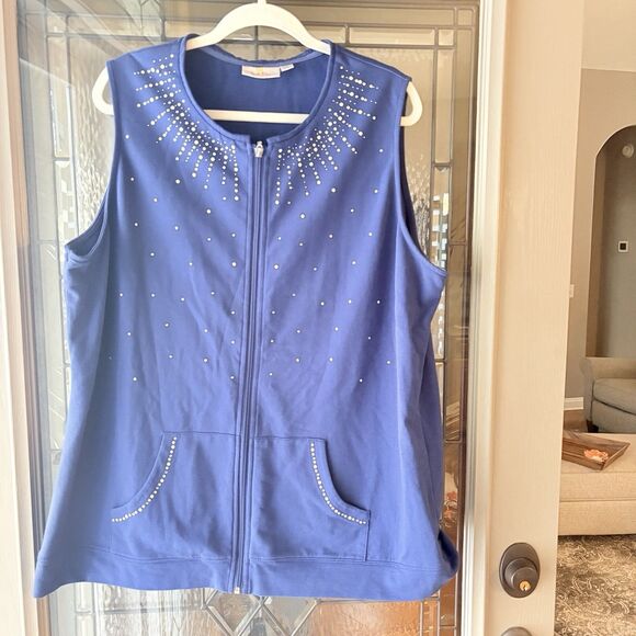 Quacker Factory Womens XL Studded Velour Zip-Up Vest Pockets Relaxed Fit Blue - Picture 12 of 12